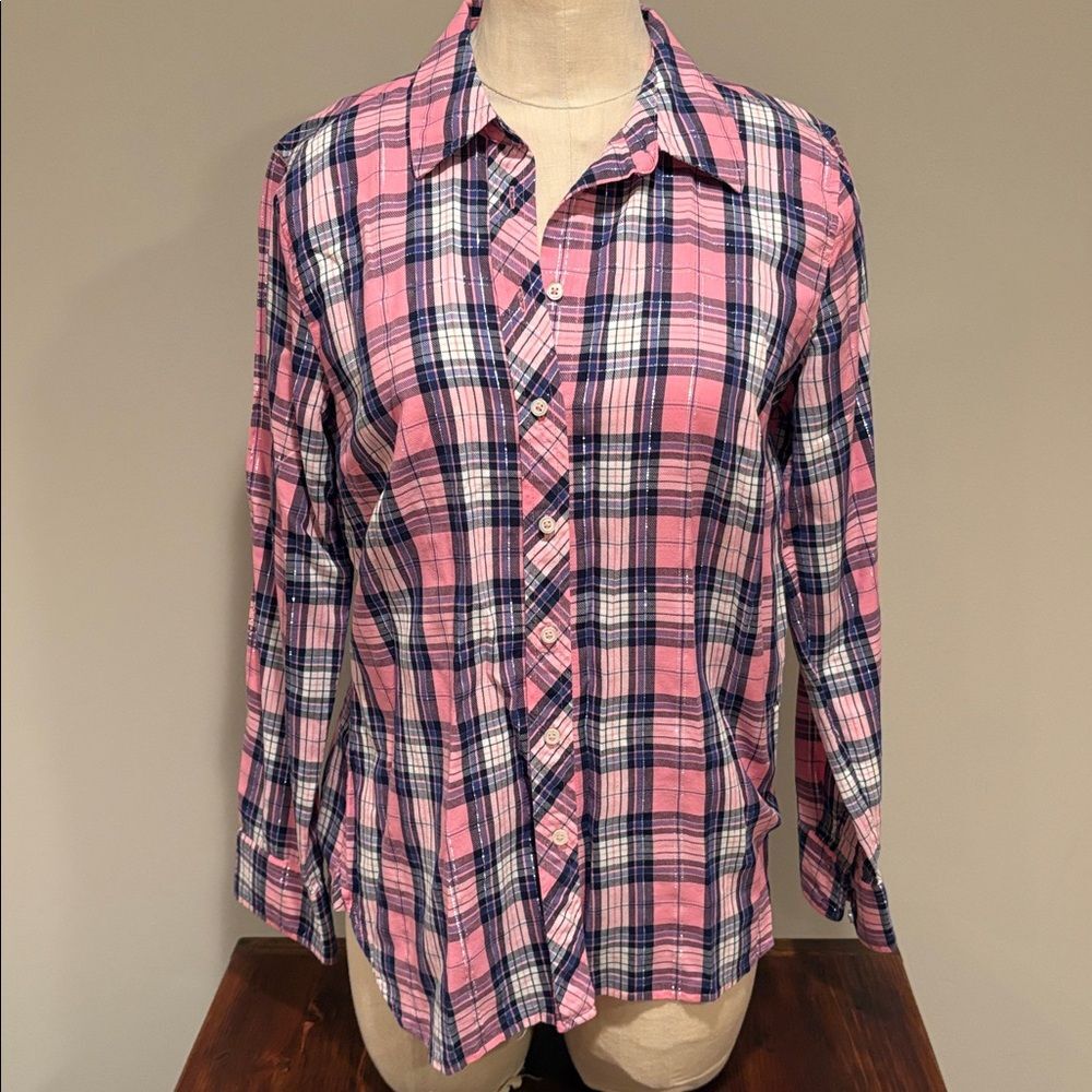Talbots Button Front Party Plaid Long Sleeve Blouse Size S